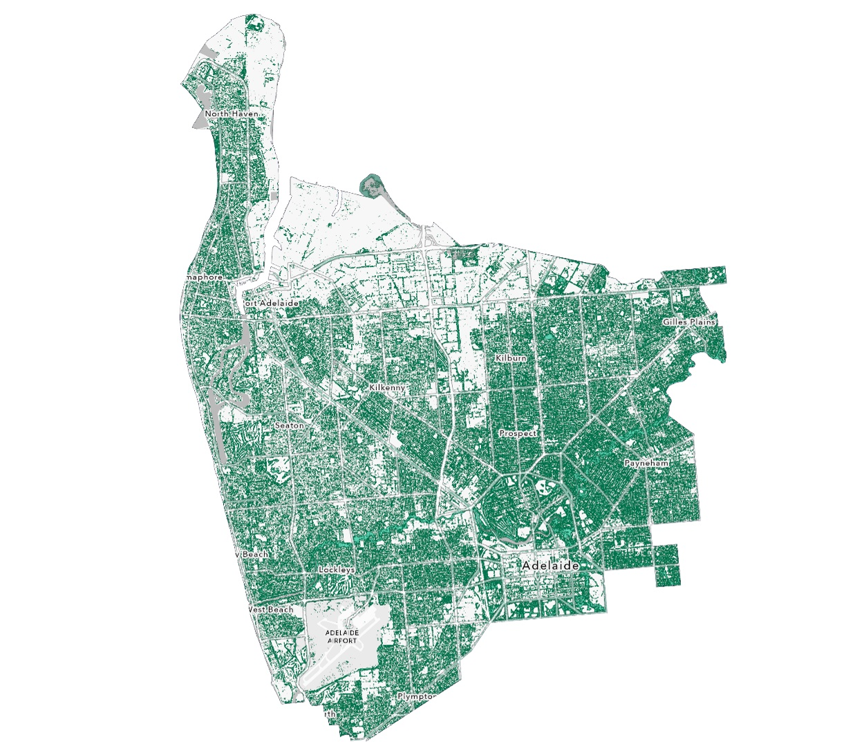Tree-canopy distribution mapped across metropolitan Adelaide.