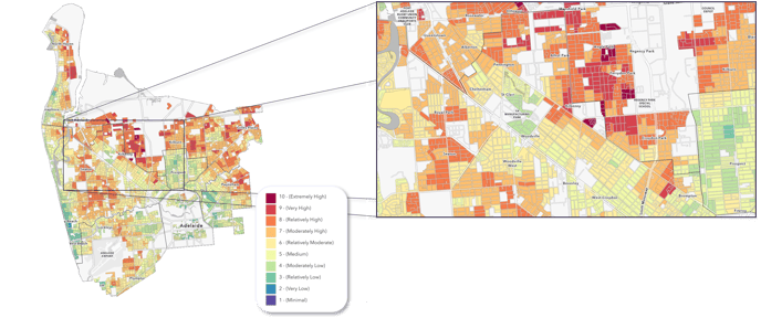 Heat-risk overview, local detail and legend for metropolitan Adelaide.