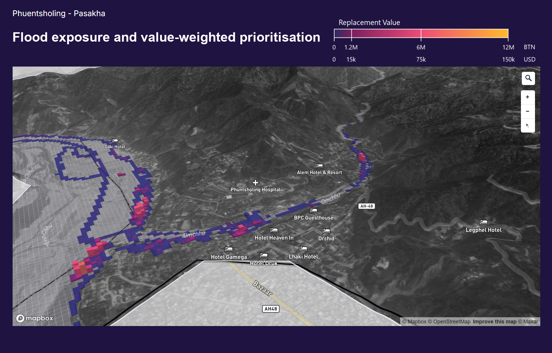 Value-weighted flood exposure map showing infrastructure around Phuentsholing and Pasakha, Bhutan