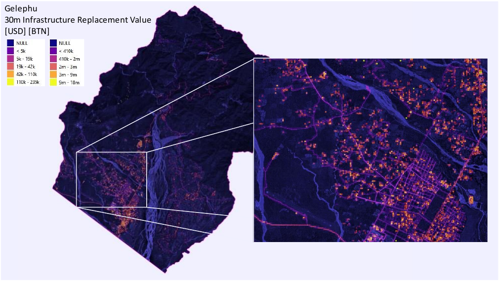 Replacement-value grid showing buildings, roads and infrastructure across the Gelephu study area in Bhutan