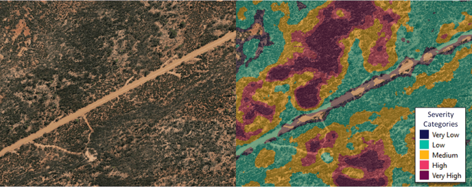 Side-by-side aerial imagery and relative bushfire-severity map along the Hyden–Norseman Road, showing fuel-and-slope-derived severity categories.