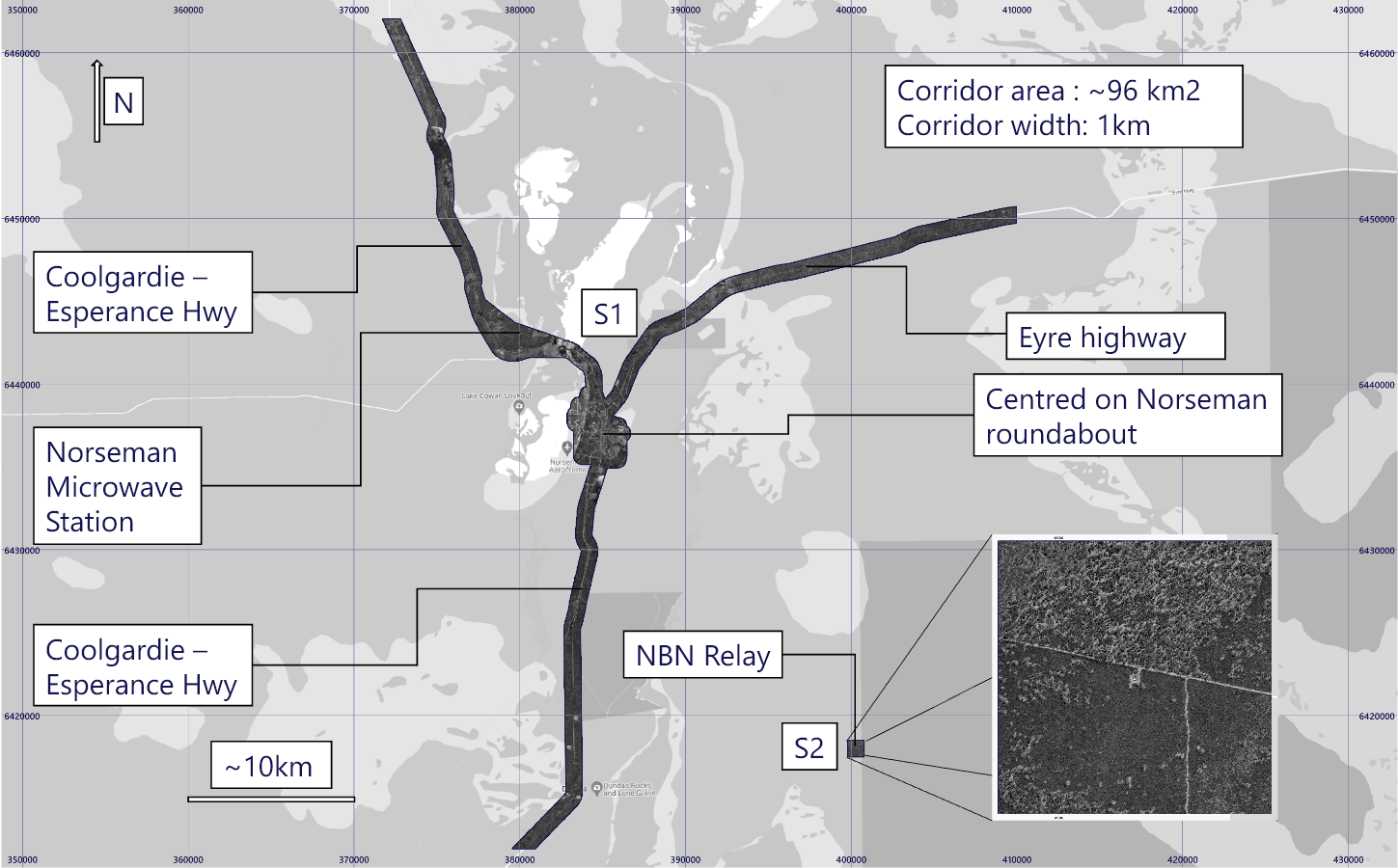 Map of study areas around Norseman, the Eyre Highway and Coolgardie–Esperance Highway, including freight corridors and telecommunications relay sites.