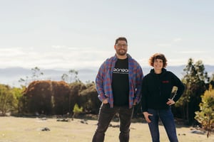 Geoneon founders Roxane and Alex outdoors in Tasmania.